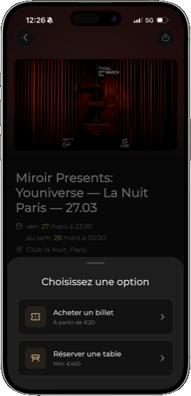 Choix entre billet et table VIP